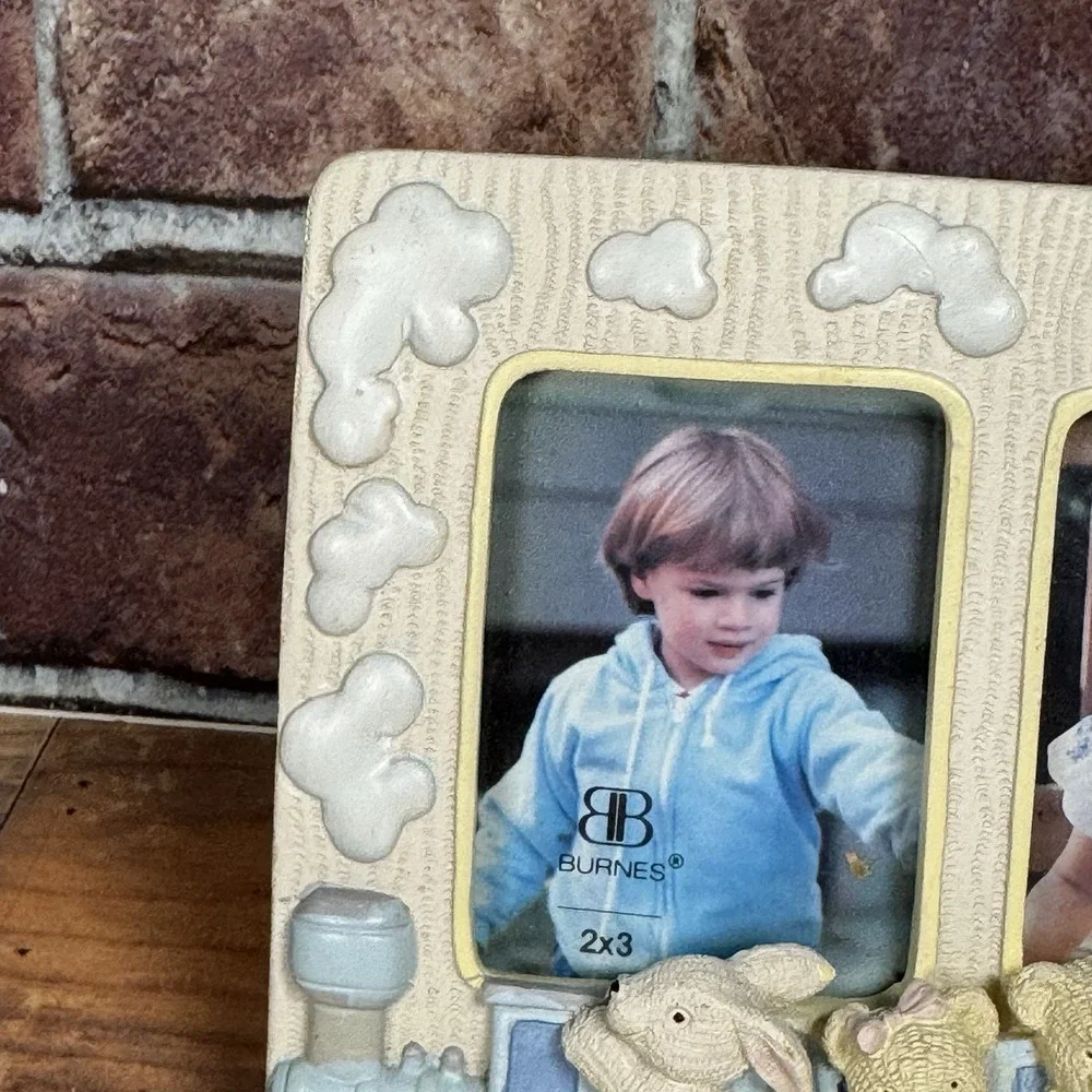 Vtg Burnes of Boston Ceramic Double Picture Frame Nursery Train 1990s Y2K Pastel